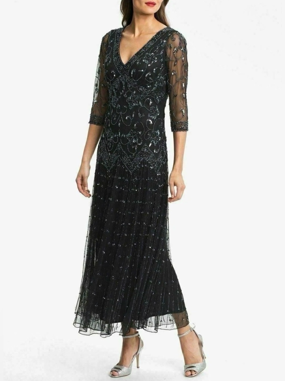 Pisarro Nights Gray Beaded V-Neck Evening Gown Formal size 16
